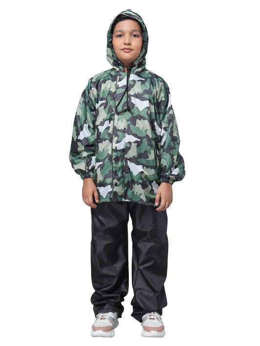 The Clownfish Comrad Series Kids Waterproof Nylon Double Coating Reversible Raincoat with Hood and Reflector Logo at Back. Set of Top and Bottom. Printed Plastic Pouch. Kid Age-11-13 yearsGreen Camo