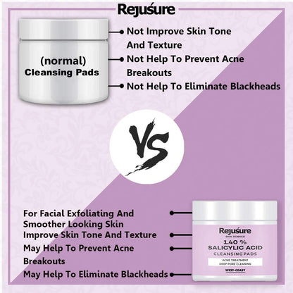 Rejusure Salicylic Acid Cleansing Pads - Acne Cleansing  Minimizes Dirt  Excess Oil  Skin care  Men  Women - 50 Pads