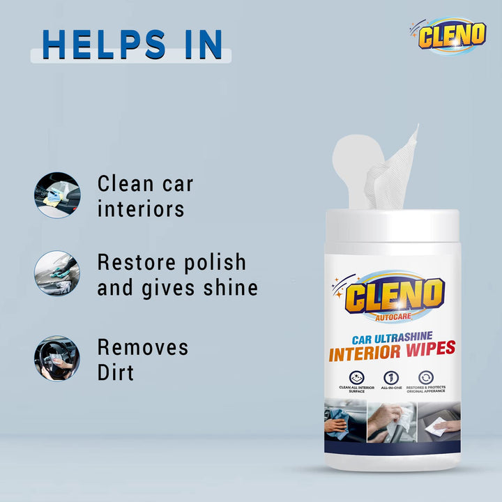 Cleno Car Ultrashine Interior Wipes - 50 Wipes Ready-to-Use Cleaning Essentials  Restore  Protect Your Cars Original Appearance  Ultimate Car Cleaning Kit