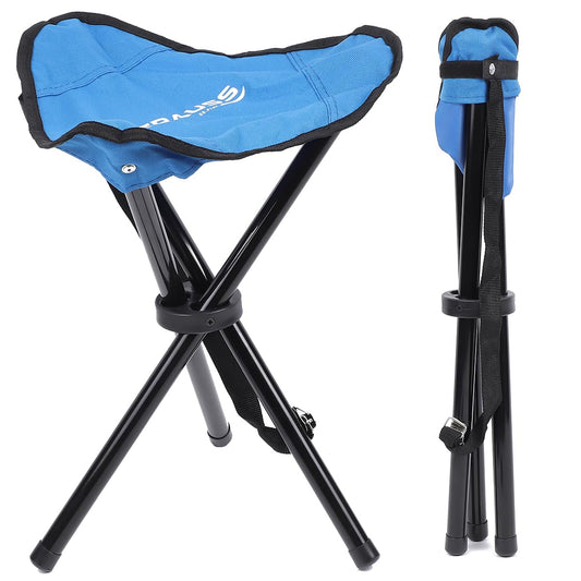 STRAUSS Folding Camping Chair: Portable, Foldable 3-Leg Stool for Camping, Fishing, Gardening, Beach. Compact Outdoor Seat. Blue, 32x32x42 cm.