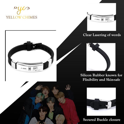 Yellow Chimes BTS Bracelet for Girls & Boys, Silver Toned, J-Hope Signature, Stainless Steel Silicon Wristband.