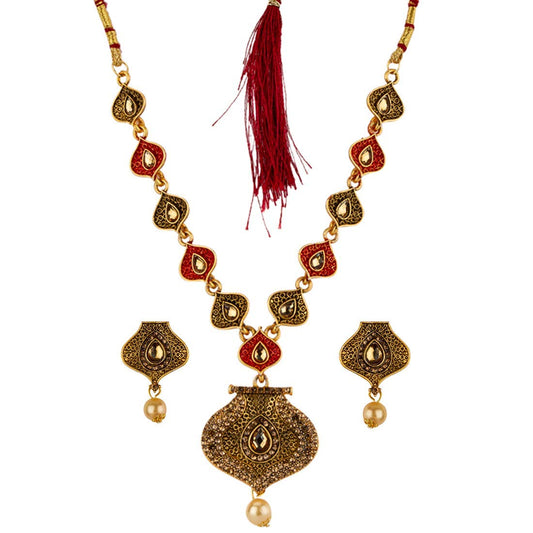 Yelow Chimes Antique Traditional Pearl Kundan German Oxidized Gold Plated Necklace with Earrings for Women