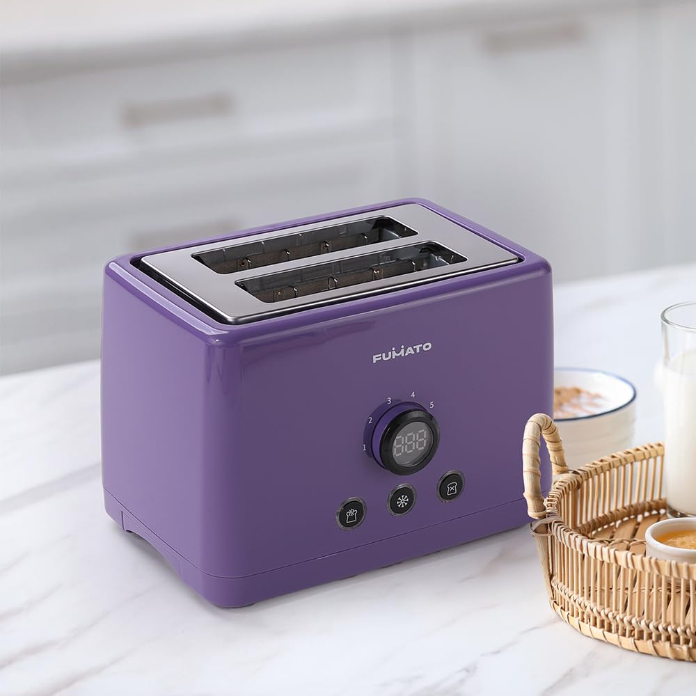 Fumato 1000W 2-Slice Toaster, Stainless Steel, 6 Heating Modes, Removable Crumb Tray, Extra Wide Slots, Cancel/Reheat/Defrost, 1 Yr Warranty, Purple