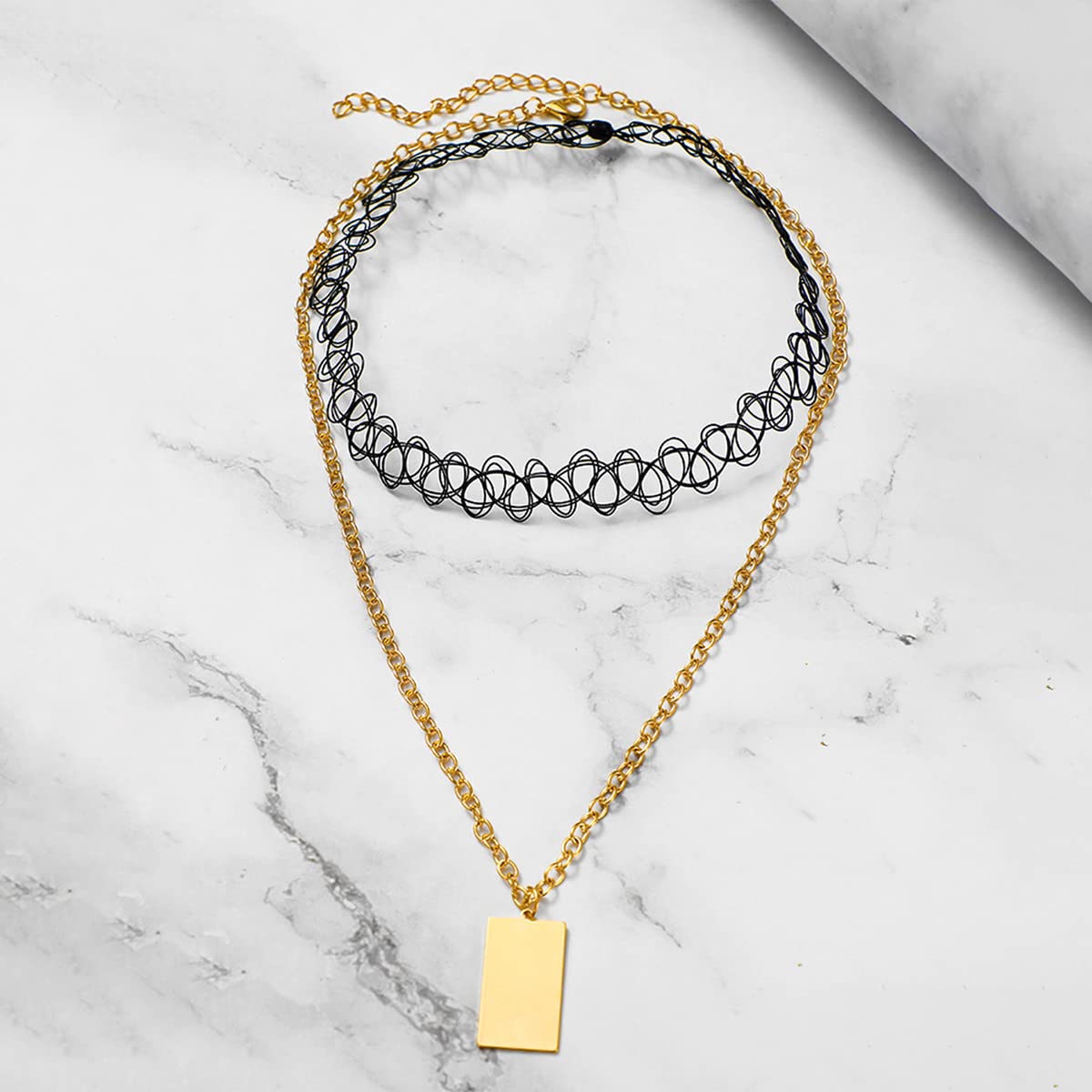 Yellow Chimes Necklace For Women Black Spiraled Choker necklace With Long Gold Tone Chain Rectangular Charm Hanging Necklace For Women and Girls