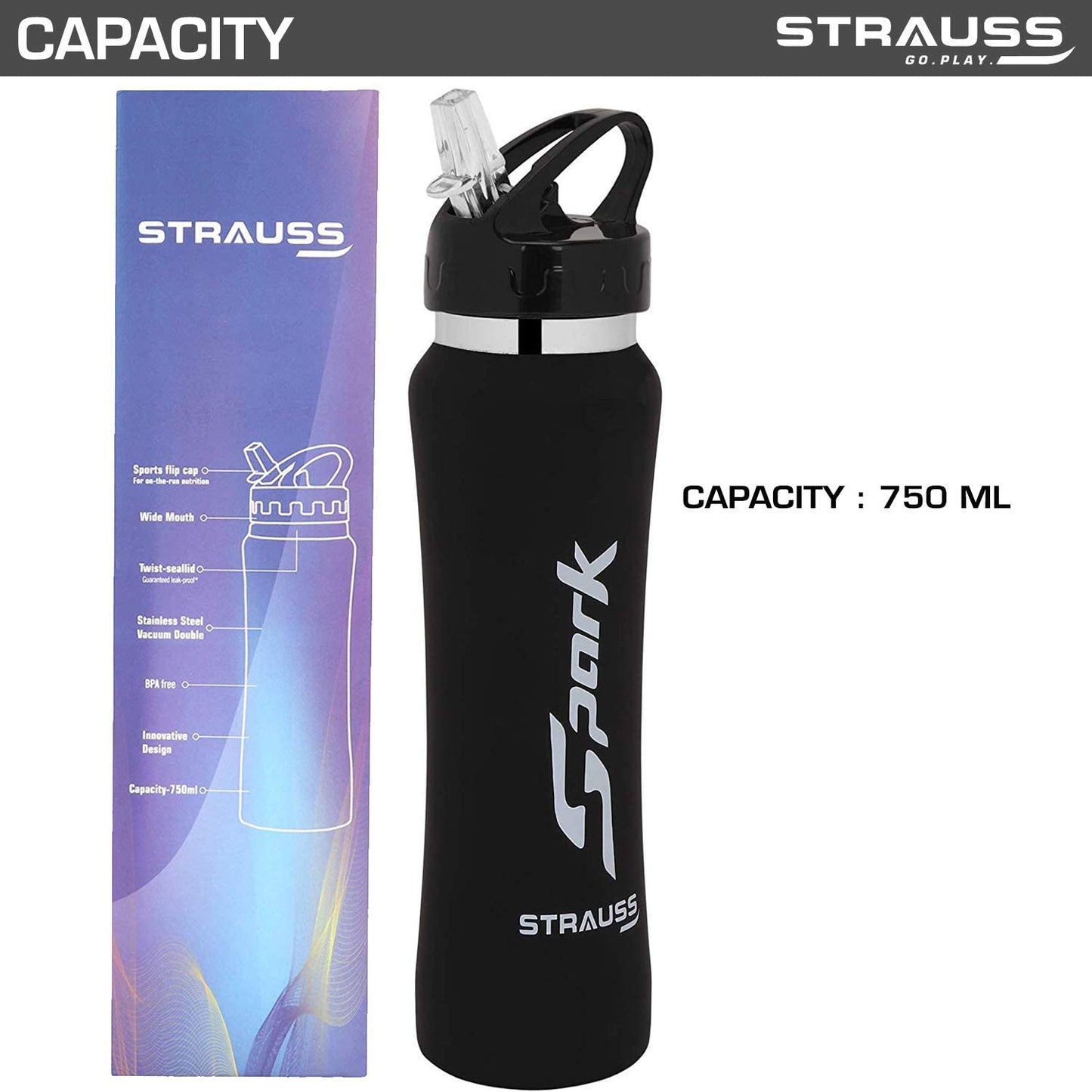 STRAUSS Spark 750ml Leak-Proof Stainless-Steel Water Bottle, Non-Toxic, BPA Free, for Travel, Hiking, Home, Office, School, Rubber Finish Black