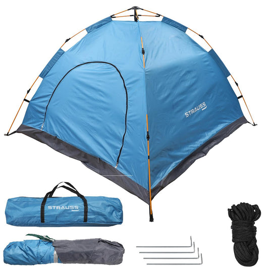 STRAUSS Portable Tent: 5-10 min setup, waterproof, windproof, superior ventilation, ideal for 4 persons, military color. Perfect for camping, hiking, picnics.