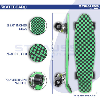 STRAUSS Cruiser Skateboard, ABEC-7 Bearings, PU Wheels with Light, Anti-Skid, 22x6", Checkered Green, Ideal for 8+ Years