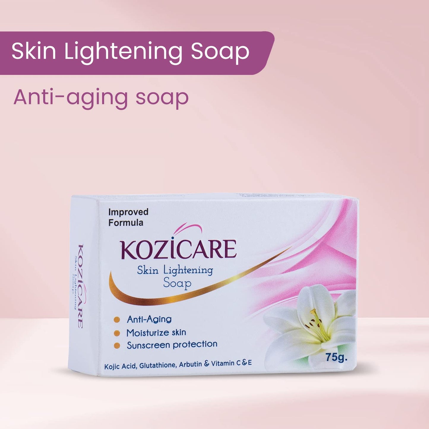 Kozicare Skin Lightening Soap 75g Pack of 3 with Sunscreen, Kojic Acid, Arbutin, Vitamin C, Vitamin E, Glutathione.