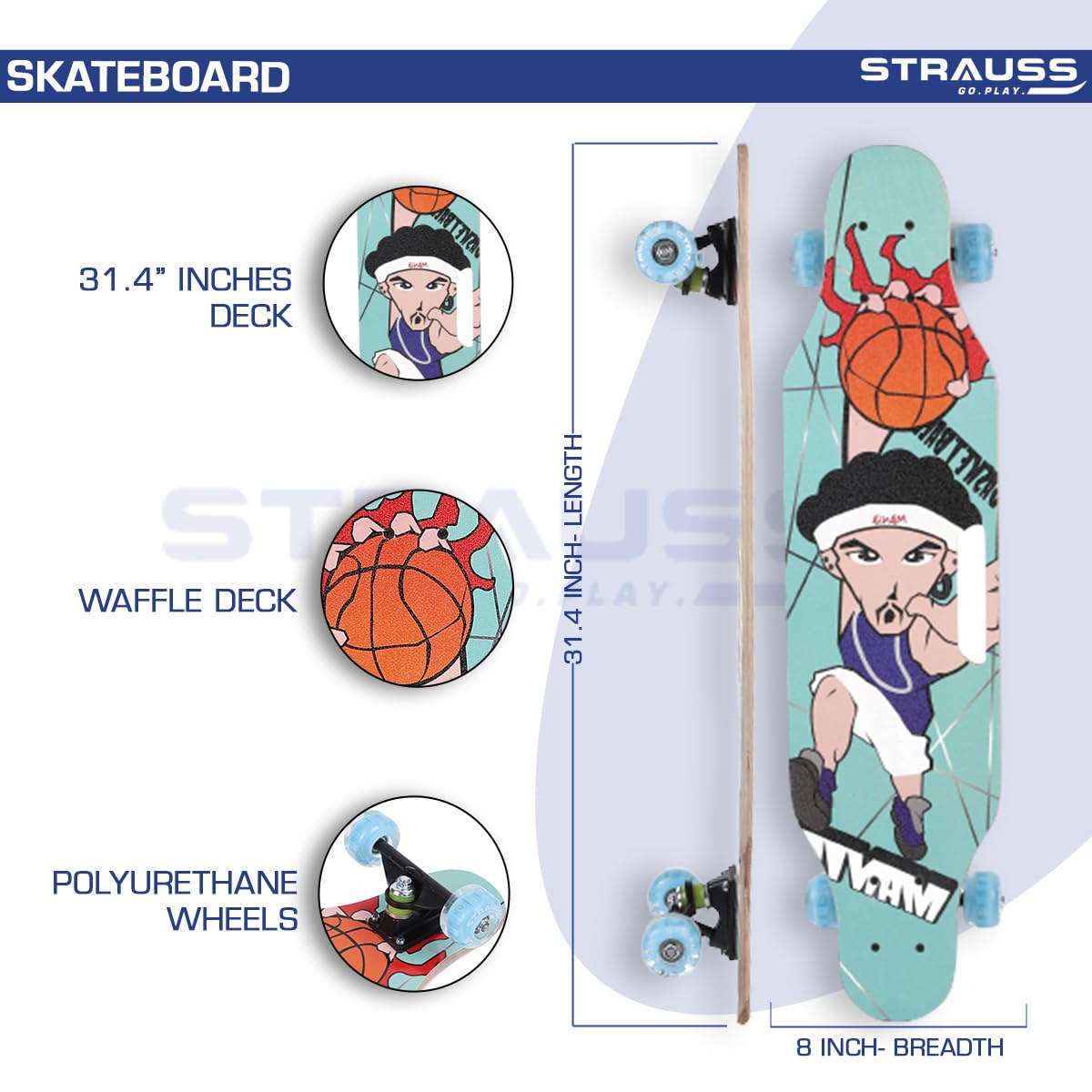 STRAUSS Plastic Skateboard with Anti-Skid Board, High Precision Bearings, Light-Up Wheels, Ideal for 8+ Years, 31x8 Inches