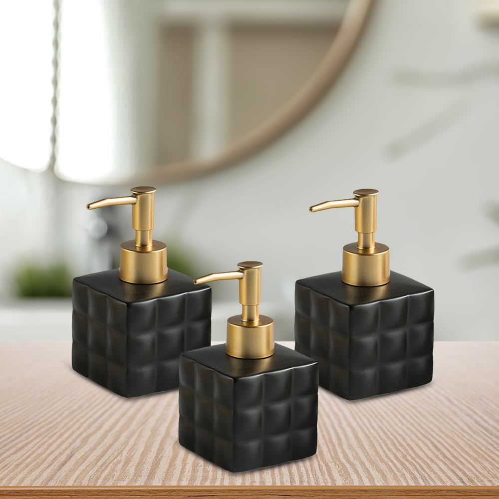 The Better Home 220ml Ceramic Dispenser Bottle Set of 3 - Black, for Kitchen, Wash-Basin, Bathroom; Ideal for Shampoo, Hand Wash, Sanitizer, Lotion.