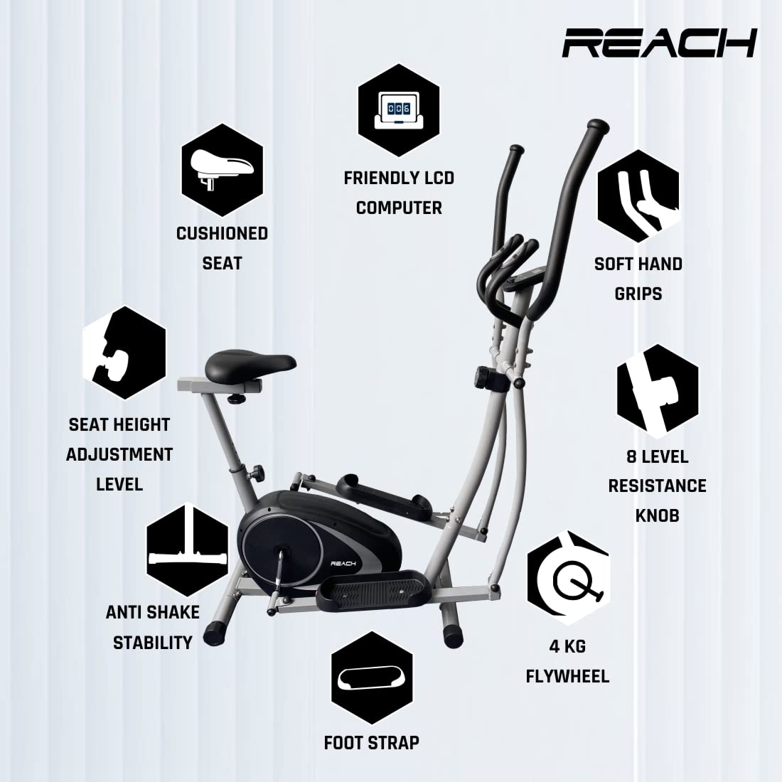 Reach C-200 Elliptical Cross Trainer, 4 Kg Flywheel, 8 Level Resistance, LCD Display, Health Tracker, 12 Months Warranty.