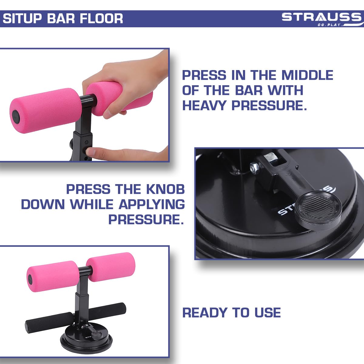 STRAUSS Sit-Up Bar: Portable, Foam Handle, Rubber Suction, Ideal for Abs Home Workout, Sit-ups, Push-ups, Weight Loss, Abdominal Trainer, Pink