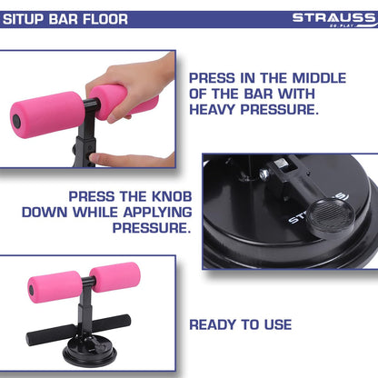 STRAUSS Sit-Up Bar: Portable, Foam Handle, Rubber Suction, Ideal for Abs Home Workout, Sit-ups, Push-ups, Weight Loss, Abdominal Trainer, Pink