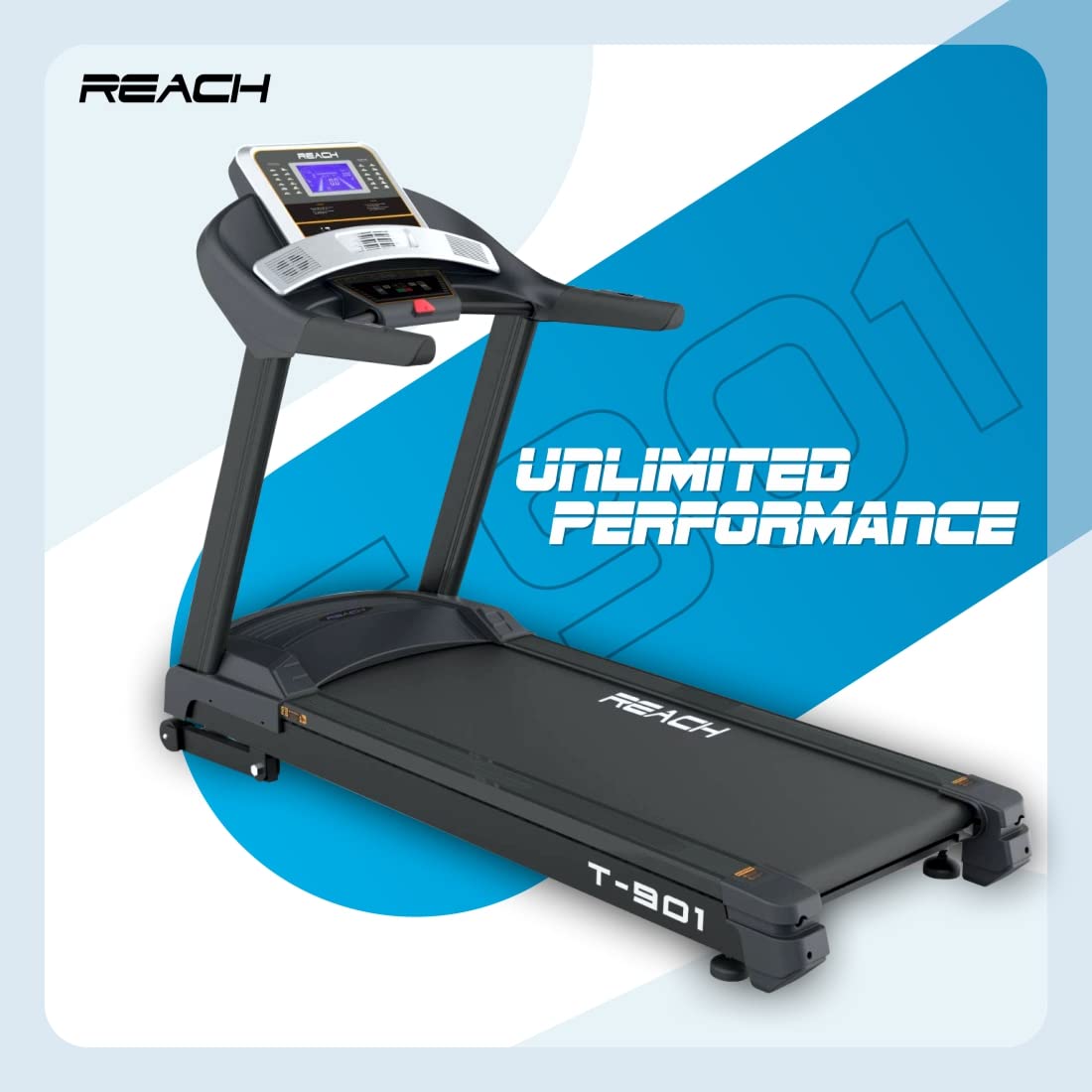 Reach T-901 Treadmill: 7 HP Motor, Auto Incline, LCD Display, 24 Preset Programs, 24 km/h, Max User Weight 130 kg.