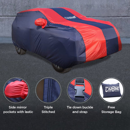 CARBINIC Car Body Cover for Maruti Brezza 2022: Water Resistant, UV Protection, Scratchproof, Dustproof, All-Weather, Blue Red.