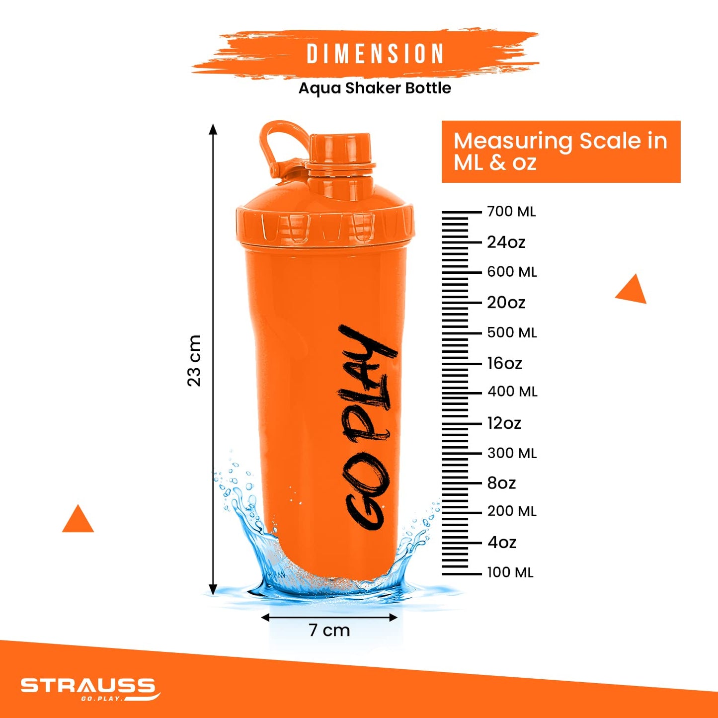 STRAUSS Aqua Shaker Bottle  100 BPA- Free  Leakproof Shaker for Protein Shake  Ideal Pre- Post Workout Shake For Both Men and Women  700mlOrange