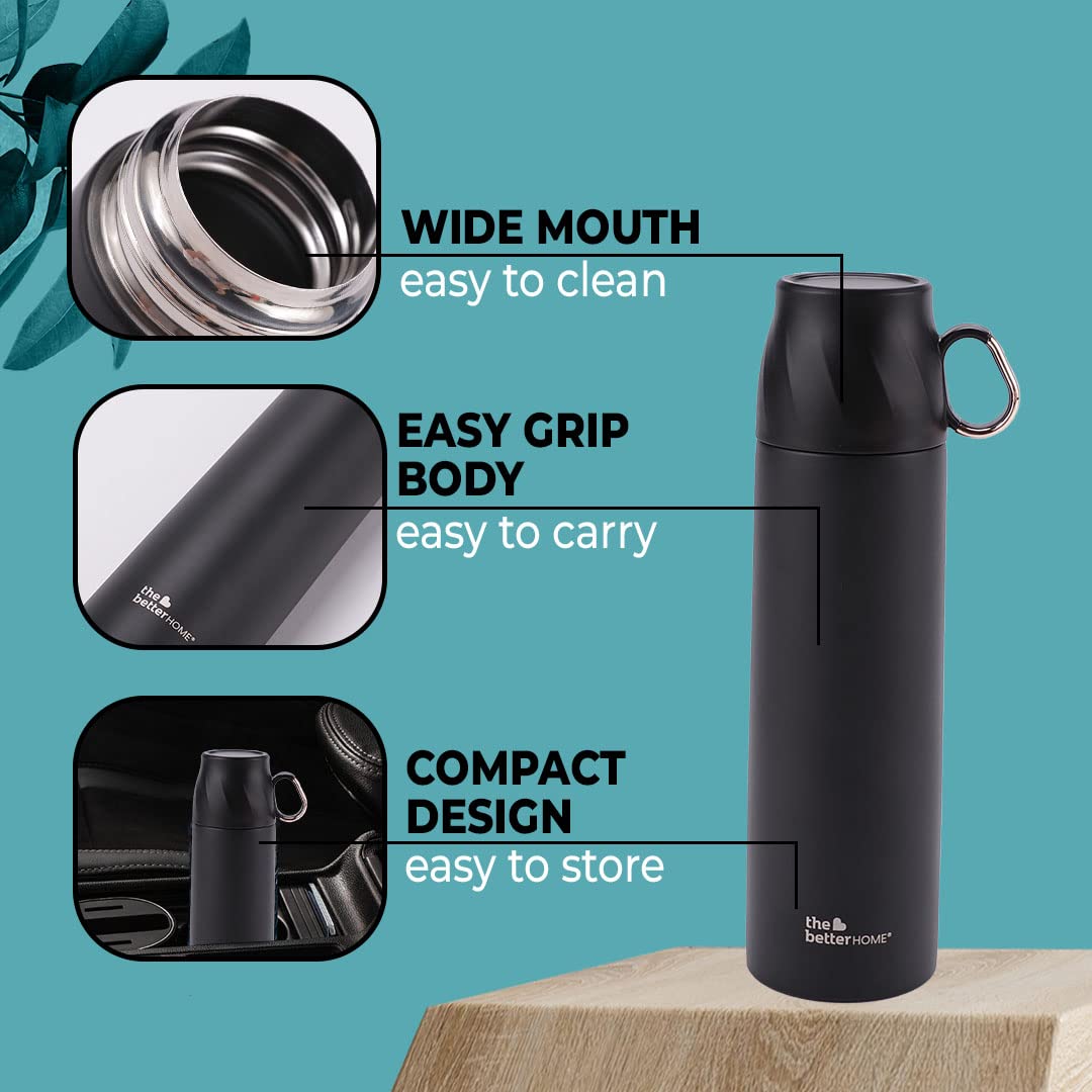 The Better Home 500ml Insulated Flask with Cup, Leak & Rust Proof, 6 Hours Hot/Cold, Black Stainless Steel.