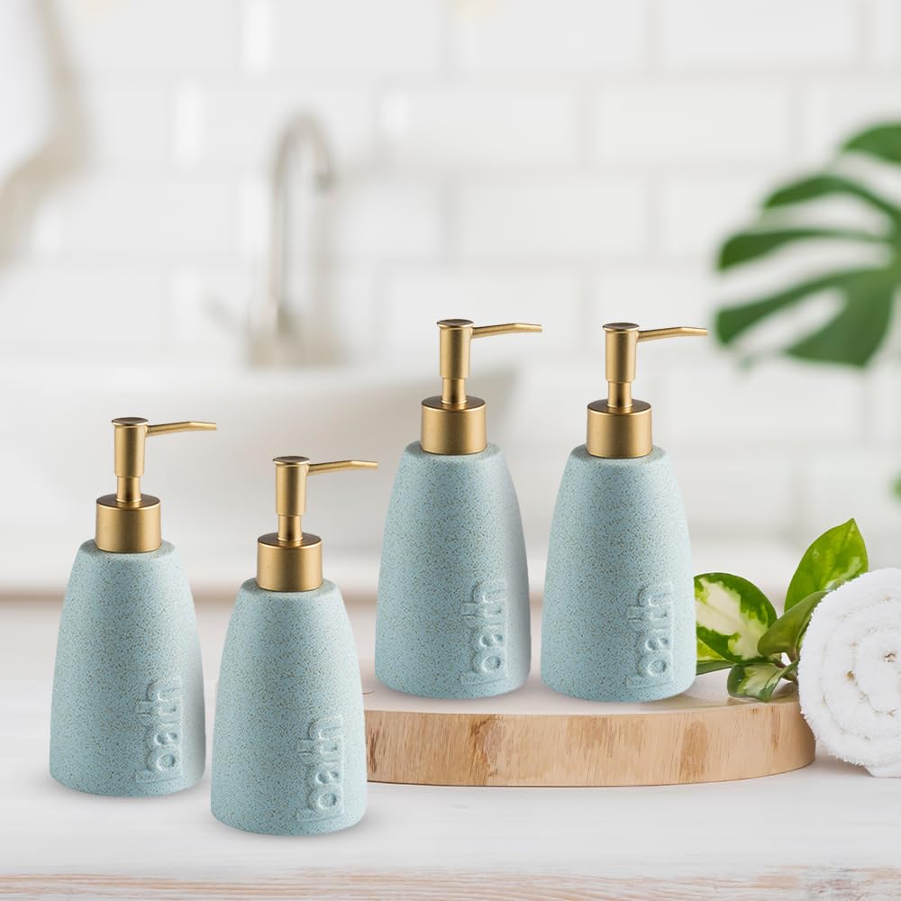 The Better Home 320ml Blue Ceramic Dispenser Set of 4 for Kitchen, Wash-Basin, Bathroom - Ideal for Shampoo, Hand Wash, Sanitizer, Lotion.