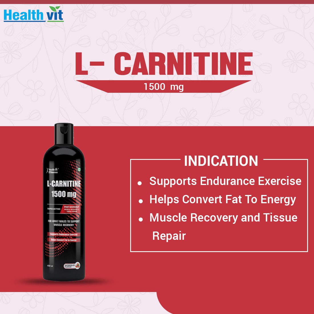 Healthvit Fitness L-Carnitine -1500 Mg for Adult Males to Support Muscle Recovery 450ml - Watermelon Flavor