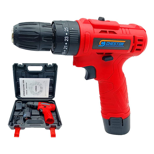 Cheston 12V Cordless Impact Drill, 10mm Keyless Chuck, 1500 MAH Battery, 1500 RPM, Reversible Speed, for Walls, Wood, Metal, with Tool Kit Case.