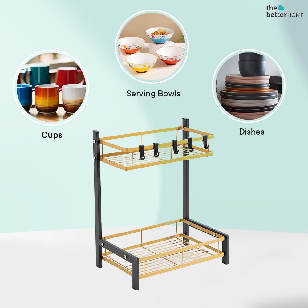 The Better Home Trapezoidal Seasoning Rack, Stackable Carbon Steel Basket for Fruits & Vegetables, Rust-Resistant Black Gold - Design 1