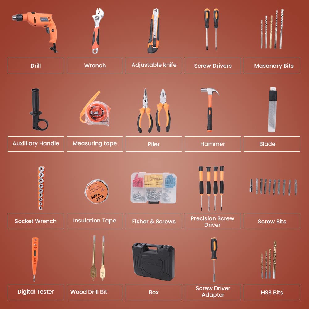 Cheston 13mm 600W Impact Drill Kit with 47 Tools: Screwdriver, Hammer, Wrench, Plier, Cutter, Spirit Level, Tape.