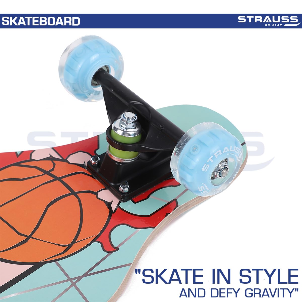 STRAUSS Plastic Skateboard with Anti-Skid Board, High Precision Bearings, Light-Up Wheels, Ideal for 8+ Years, 31x8 Inches