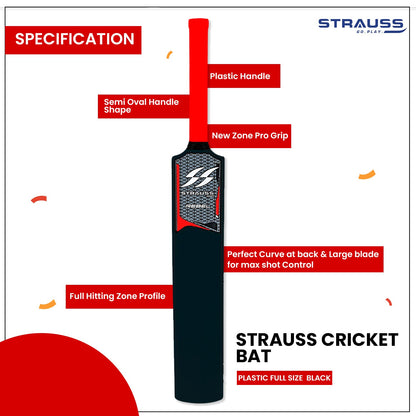 Strauss Rebel Full Size Cricket Bat 34x4.5 inch, Heavy Duty Hard Plastic for All Ages, Tennis/Synthetic Ball, Black