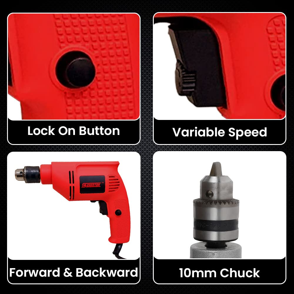 Cheston 10mm Powerful Drill Machine Screwdriver Reverse Forward Rotation with Variable Speed for Wall Metal Wood Drilling 5 Wall and 13 HSS BITS Included