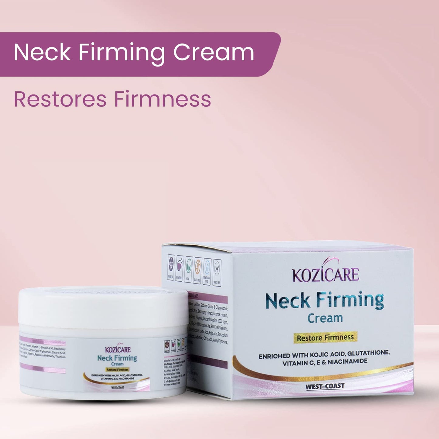 Kozicare Neck Firming Cream: Glutathione, Vitamin C, E, Niacinamide, Kojic Acid. Tightens, firms, reduces wrinkles, nourishes, heals skin. 50gm.