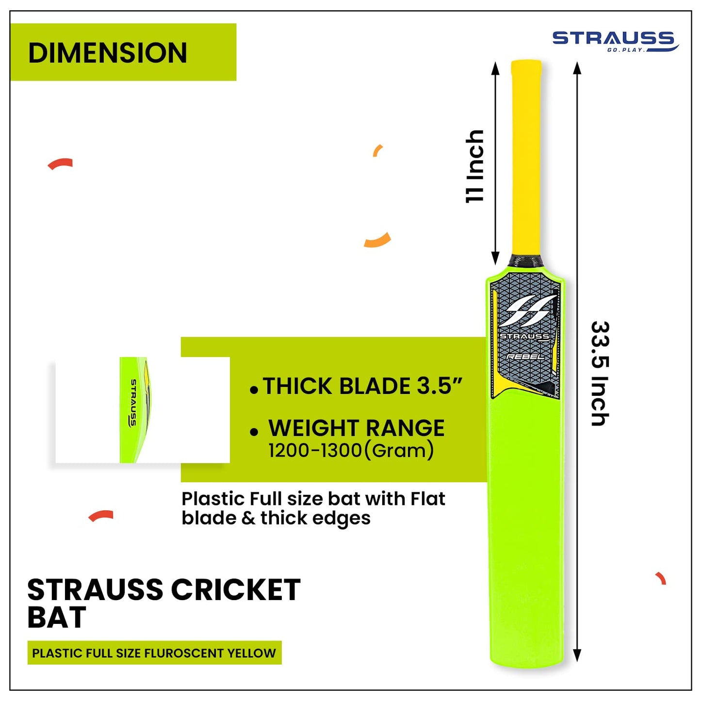 Strauss Rebel Cricket Bat, Full Size 34x4.5 inch, Heavy Duty PVC, for Tennis/Synthetic Ball, Fluorescent Yellow