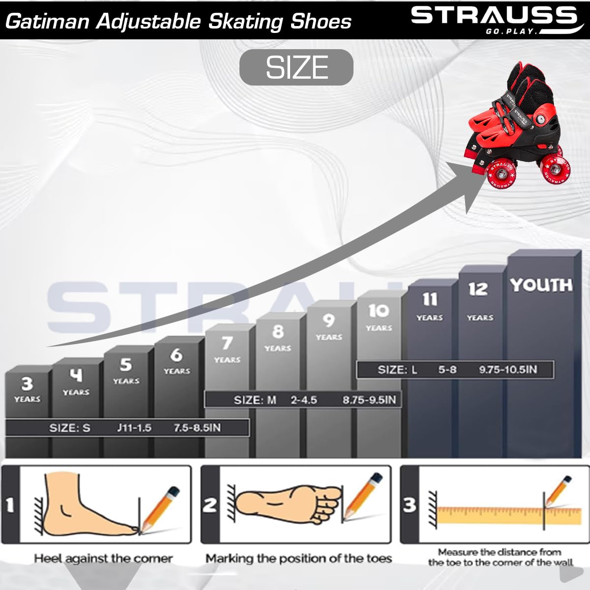 STRAUSS Gatiman Adjustable Roller Skates with Break, 4 Wheels, Size Senior, Black/Red, Ideal for Boys and Girls