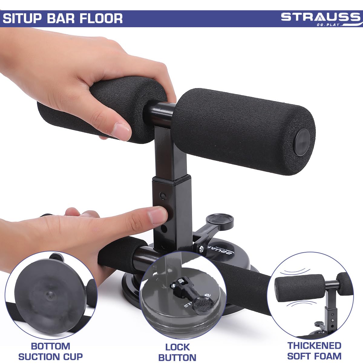 STRAUSS Sit-Up Bar: Portable, Foam Handle, Rubber Suction. Ideal for Sit-ups, Push-ups, Abs Workout, Weight Loss. Black.