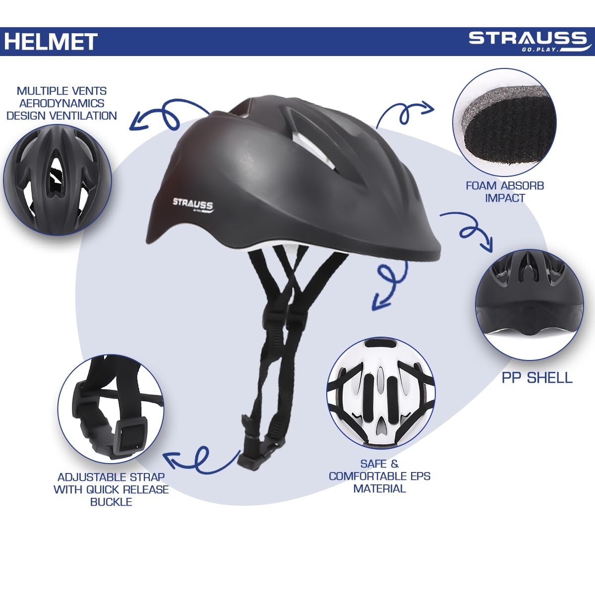 Strauss GlideX Cycling Helmet, Lightweight, Superior Ventilation, EPS Foam Lining, for Adults & Kids, Black.