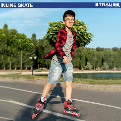 STRAUSS Vortex Adjustable Inline Skates for Boys & Girls, 4 Wheels, Beginner-Friendly, Enhanced Stability, Size L, Red