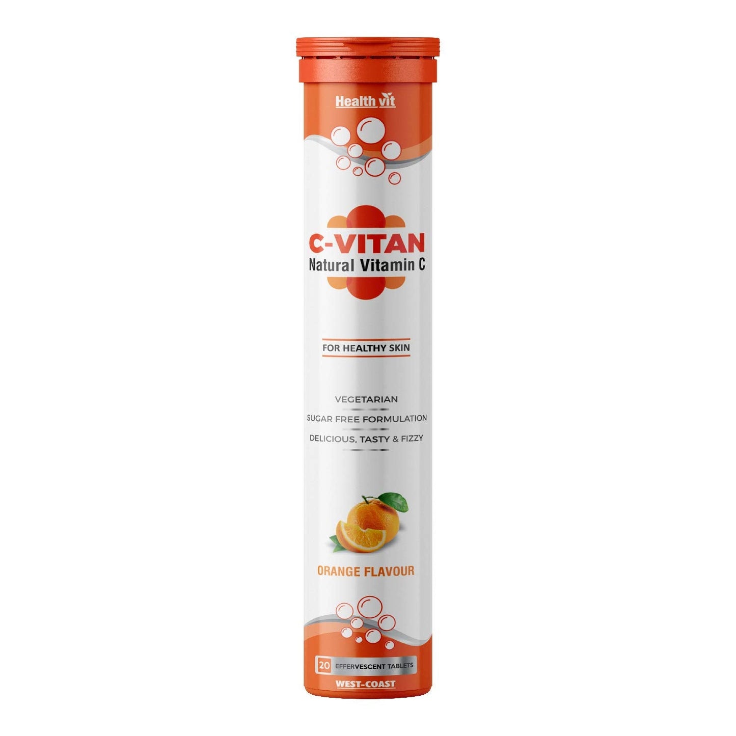 Healthvit C-Vitan N: Natural Vitamin C, Antioxidant Support, Boosts Immunity & Skin Health, Sugar-Free, 20 Effervescent Orange Tablets.