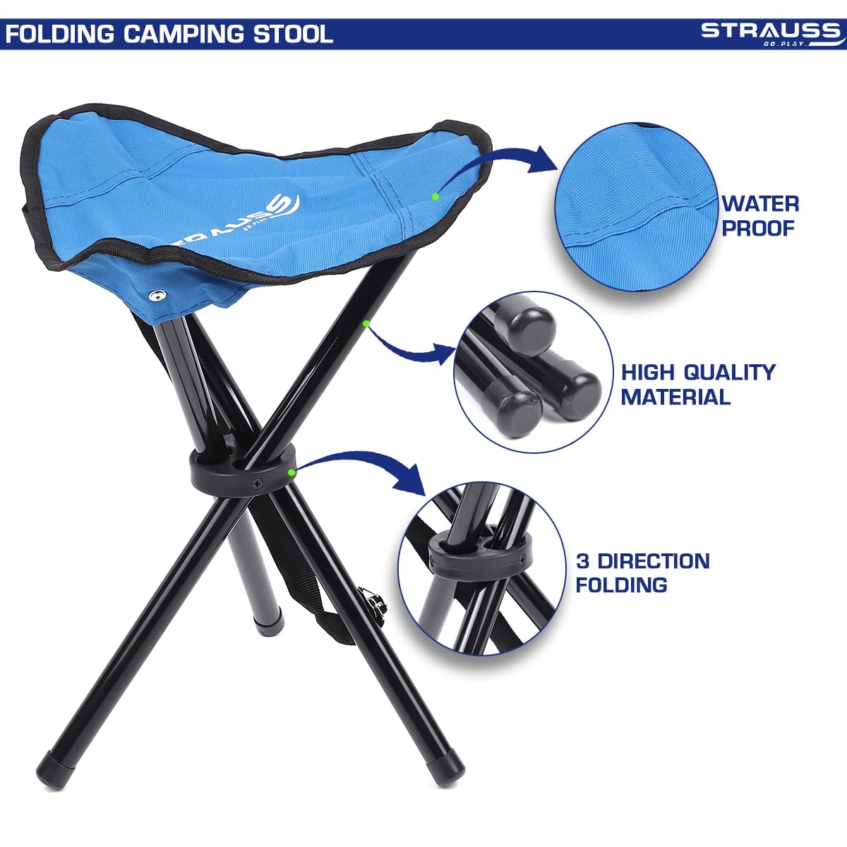 STRAUSS Folding Camping Chair: Portable, Foldable 3-Leg Stool for Camping, Fishing, Gardening, Beach. Compact Outdoor Seat. Blue, 32x32x42 cm.