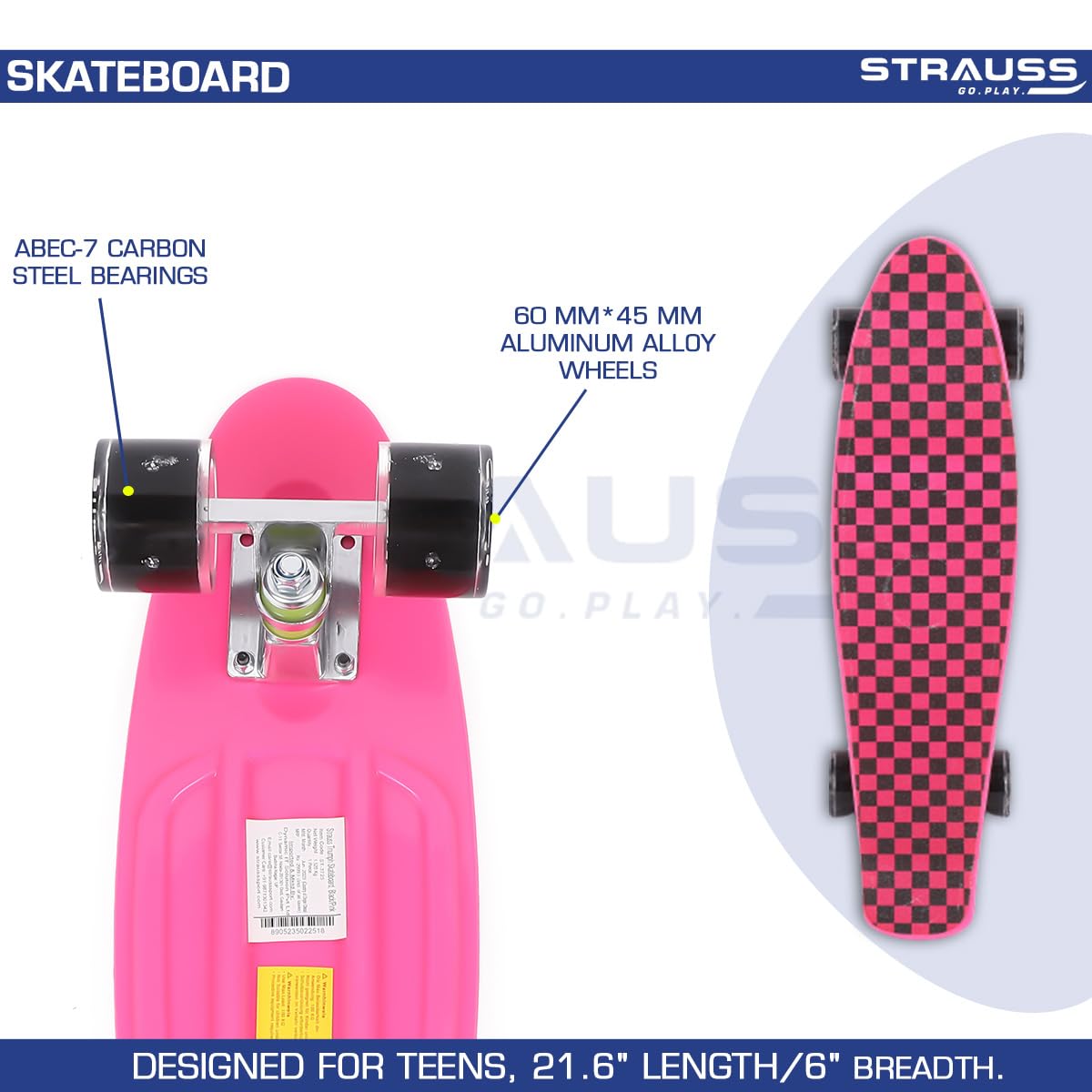 STRAUSS Cruiser Skateboard, Anti-Skid, High Precision Bearings, Light-Up Wheels, Ideal for All Skill Levels, Checkered Pink