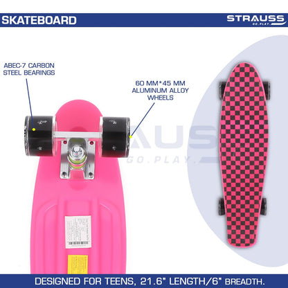 STRAUSS Cruiser Skateboard, Anti-Skid, High Precision Bearings, Light-Up Wheels, Ideal for All Skill Levels, Checkered Pink