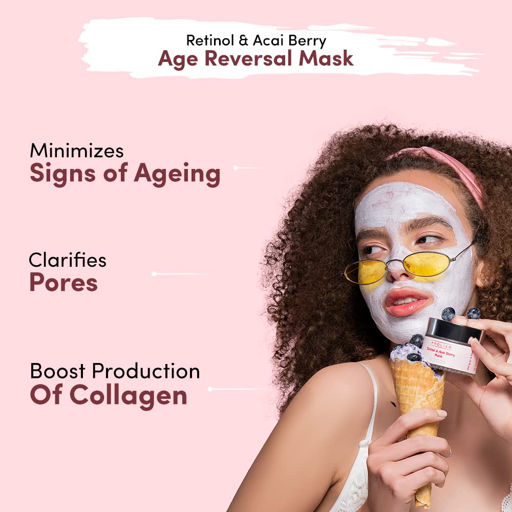 Prolixr Retinol  Acai Berry Age Reversal Face Mask - Pigmentation  Aging Signs  Boost Collagen  Hydrating  Brightening  Moisturizing  All Skin Types - 60 Gm