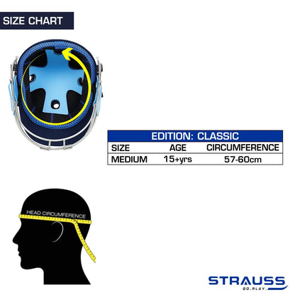 Strauss Cricket Helmet, Steel Grill, Medium, Age 15+, Blue, Lightweight, Advanced Protection, for Men & Women, Leather Ball