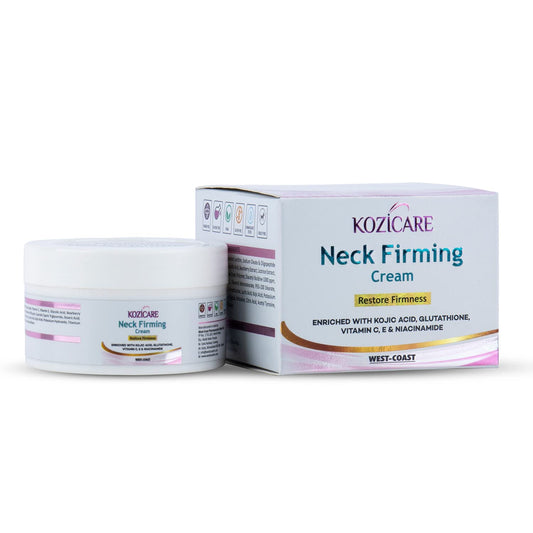 Kozicare Neck Firming Cream: Glutathione, Vitamin C, E, Niacinamide, Kojic Acid. Tightens, firms, reduces wrinkles, nourishes, heals skin. 50gm.