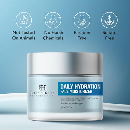 Botanic Hearth Daily Hydration Moisturizer, 100g, with Hyaluronic Acid & Green Tea Extract for Dry Skin, All Skin Types.