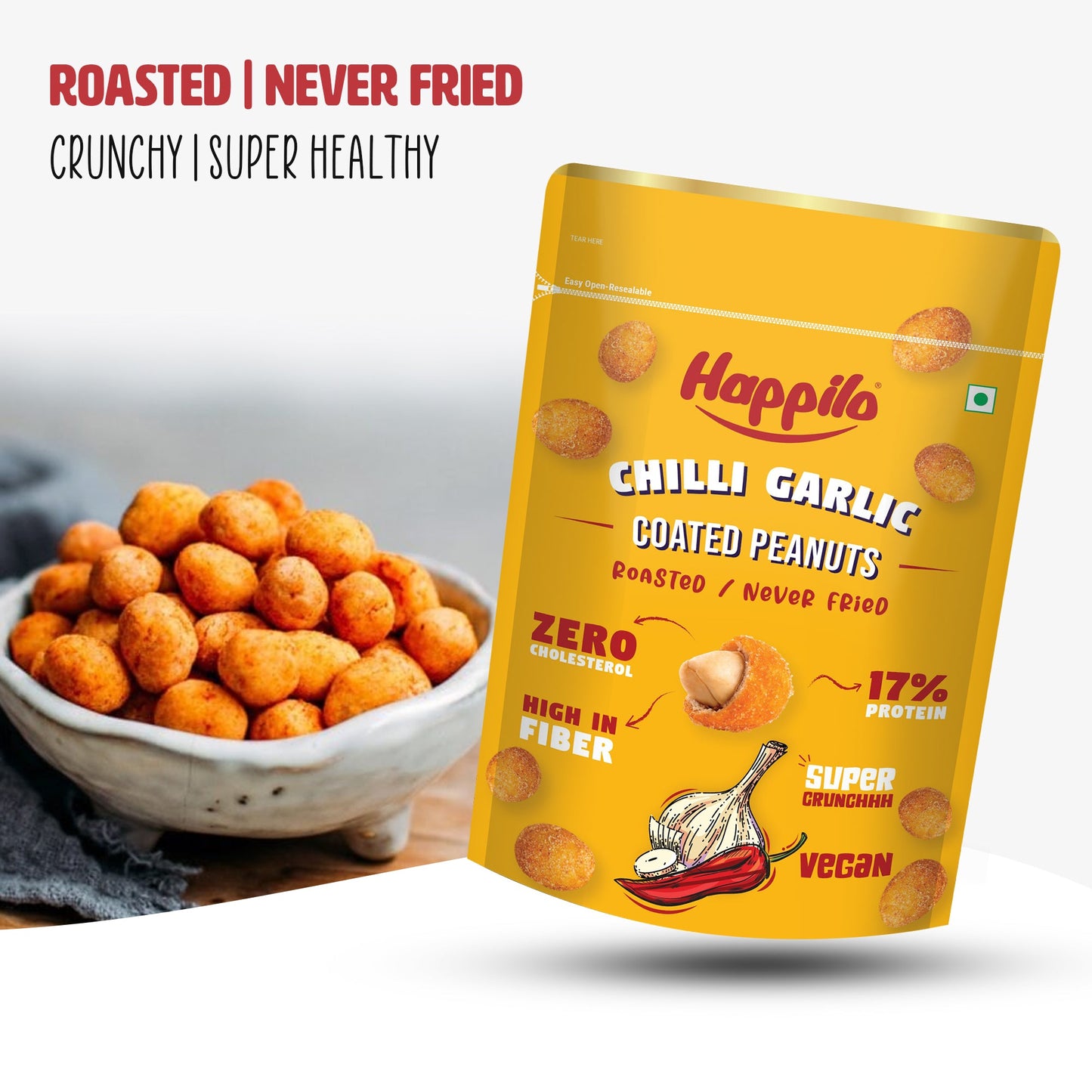 Happilo Premium Super Snack Chili Garlic Peanut150g Crunchy and Nutty High in Protein and Dietary Fibre