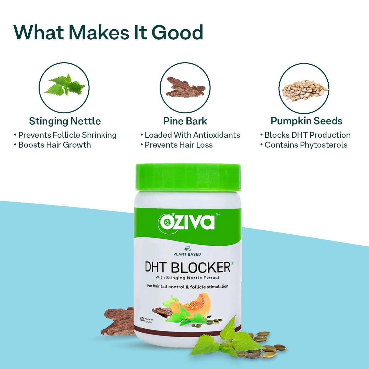 Oziva Plant Based Dht Blocker 60 Capsules Stinging Nettle Beta Sitosterol  Pine Bark Controls Hairfall  Stimulates Follicles Certified Clean  Vegan