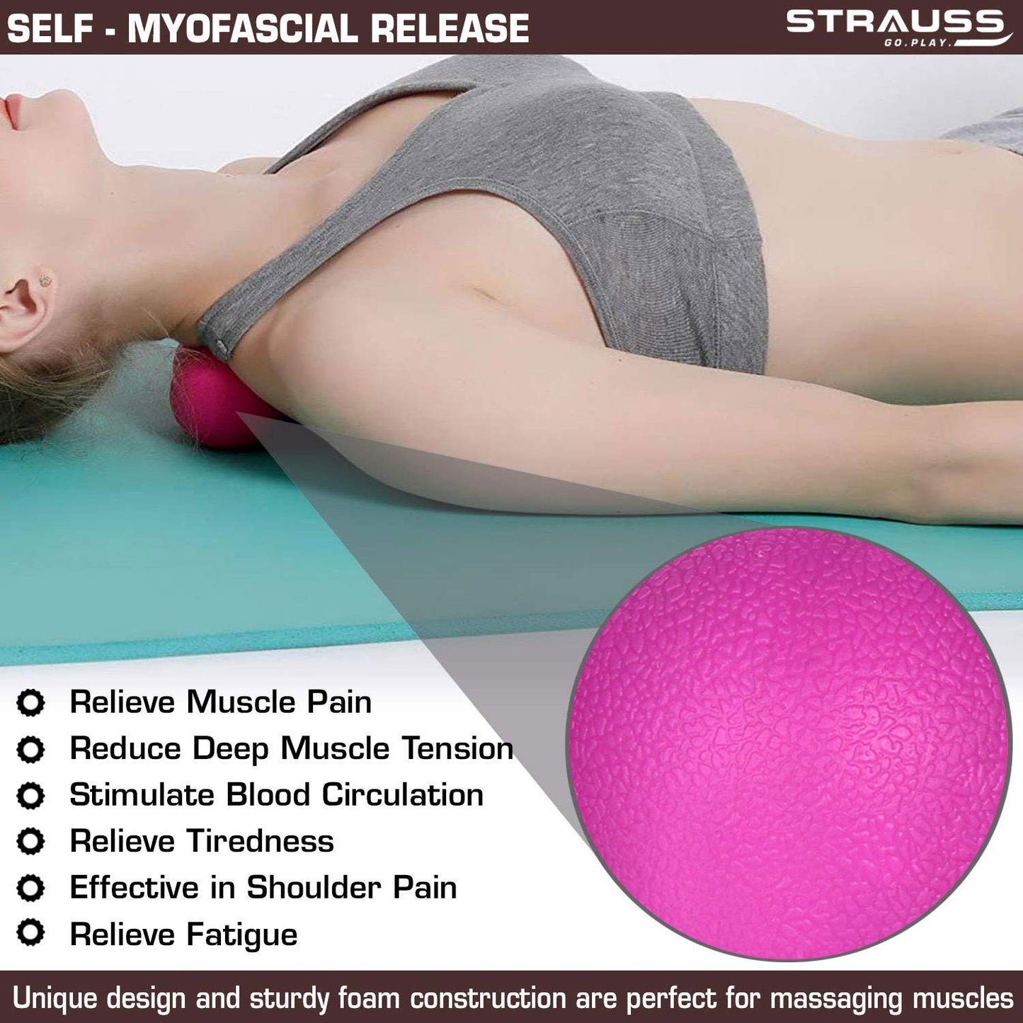 Strauss Yoga Lacrosse Massage Dual Peanut Ball for Physiotherapy, Deep Tissue, Trigger Point Therapy, Muscle Knots, Pain Relief, Pink