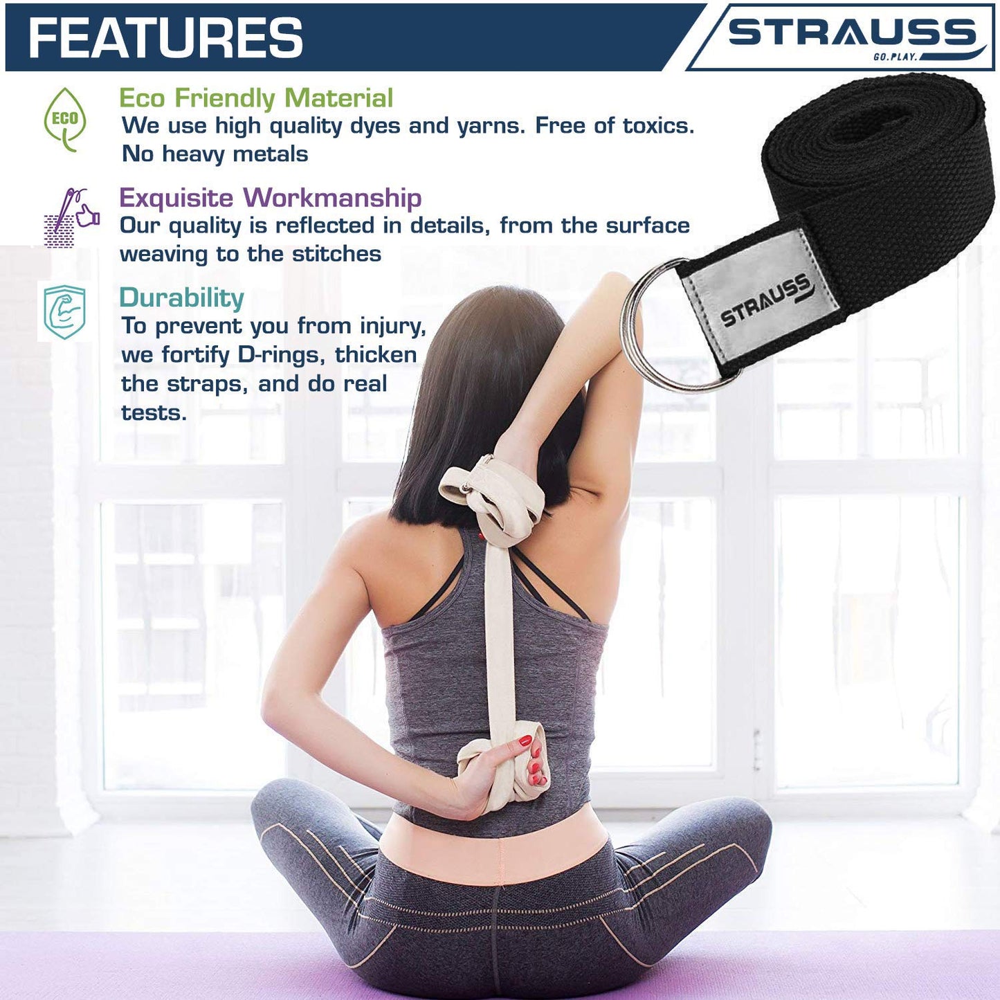 Strauss Yoga Strap: 8ft, thicker belt, adjustable metal D-ring buckle, eco-friendly. Ideal for yoga, pilates, therapy, dance, gymnastics.