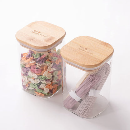 The Better Home 2 Kitchen Containers Set with Bamboo Lid, Rectangular Transparent Airtight Borosilicate Glass Jars, 600 ml Each.