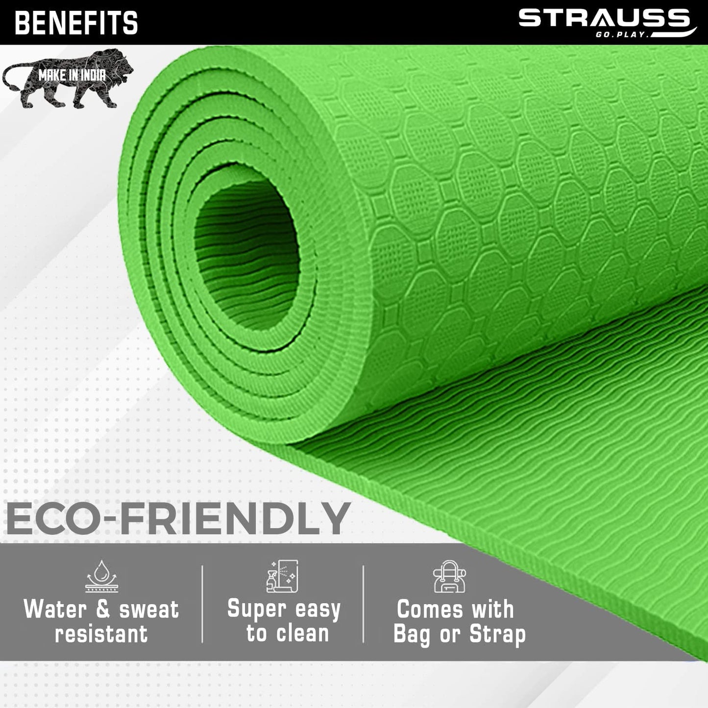 Strauss Anti Skid TPE Yoga Mat with Carry Strap 4mm Green