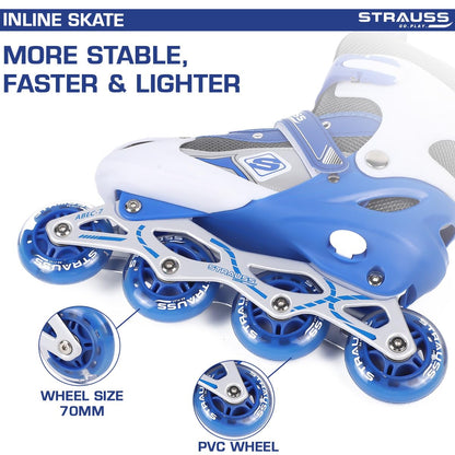 STRAUSS Vortex Adjustable Inline Skates for Boys & Girls, 4 Wheels, Beginner-Friendly, Enhanced Stability, Size M, Blue